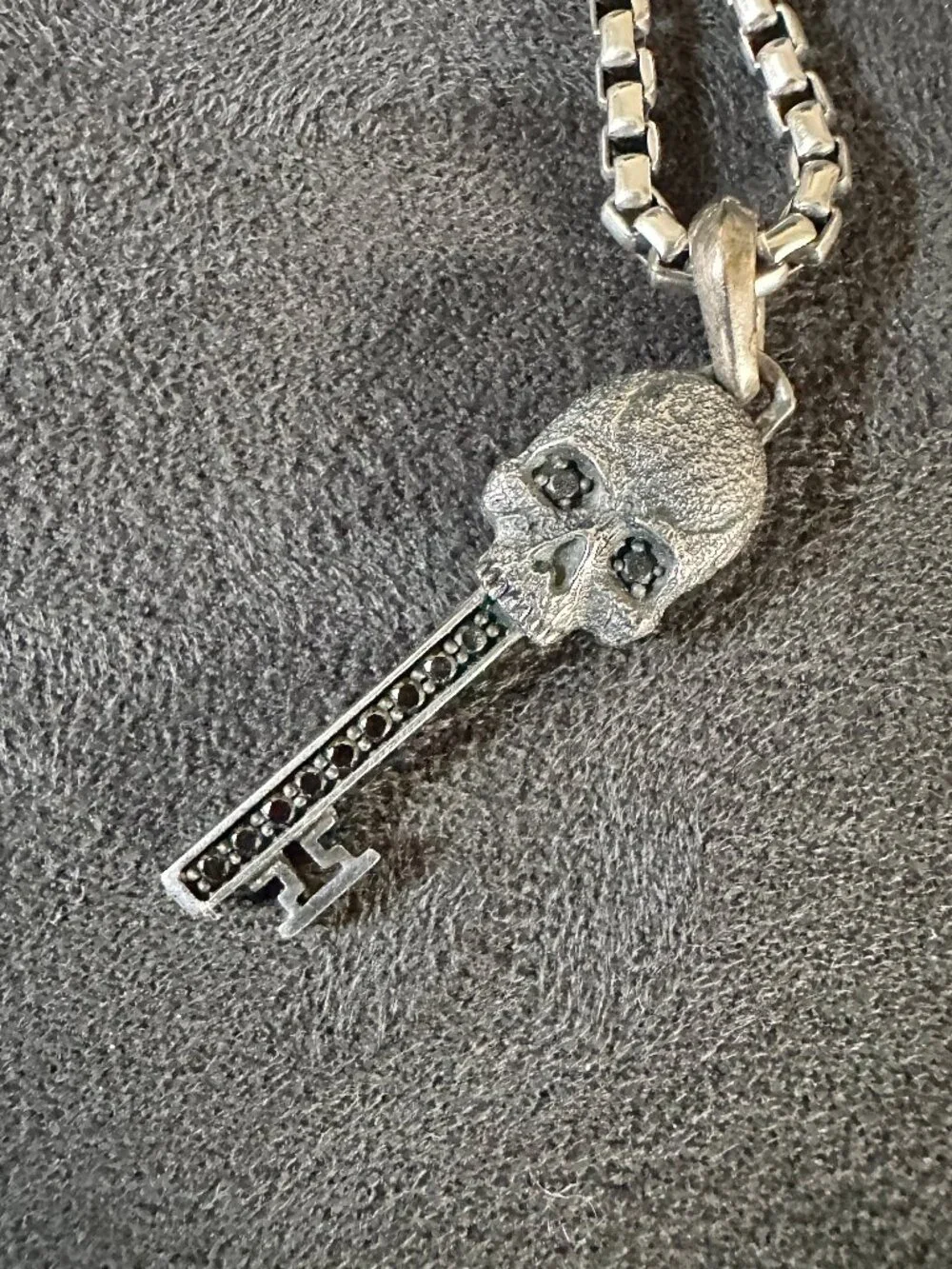 David Yurman Skull Key Pendant w/ Black Diamonds & DY Box Chain Necklace - 20